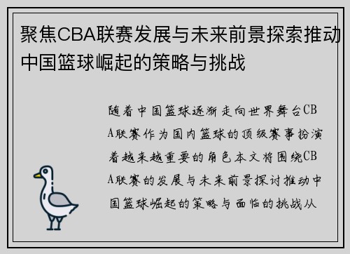 聚焦CBA联赛发展与未来前景探索推动中国篮球崛起的策略与挑战
